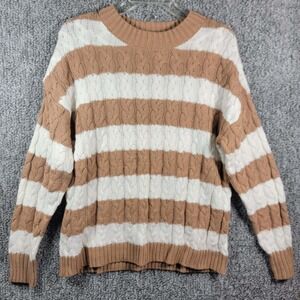 Time and Tru Striped Cable Knit Sweater Pullover‎ Crew Neck Tan - Womens Medium